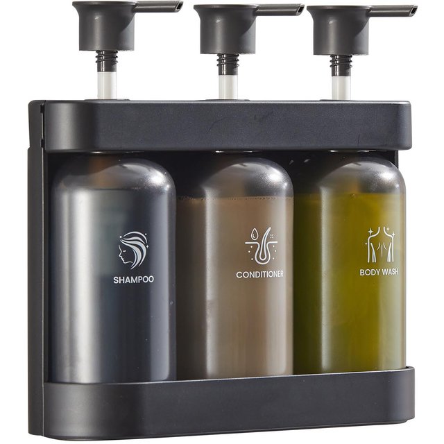 Distributeur de Savon de Douche Mural Distributeur de Douche 3 Compartiments Distributeur de Shampoing Après-shampoing Gel Douche pour Salle de Bain gris foncé