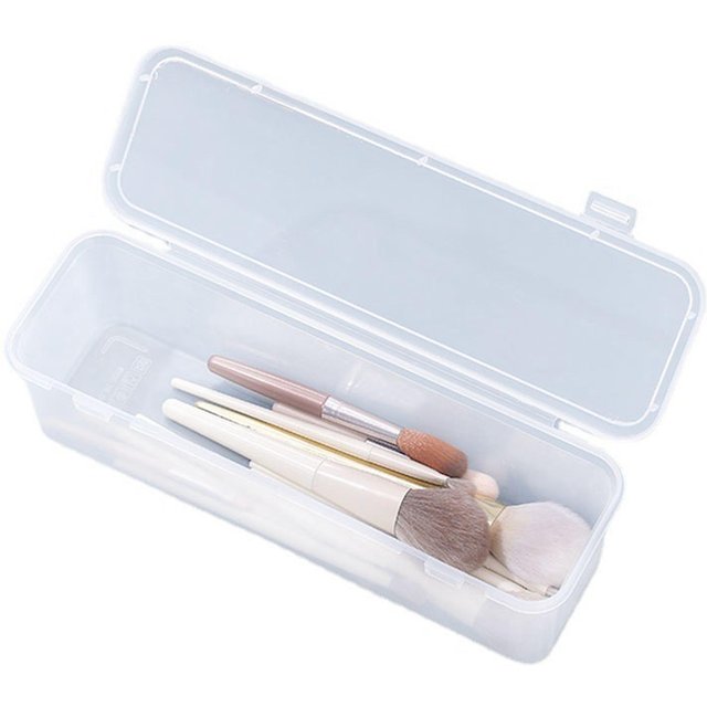 Lange Pinsel-Aufbewahrungsbox, tragbar, durchsichtiger Kunststoff, Make-up-Pinsel-Organizer mit Abdeckung, multifunktional white