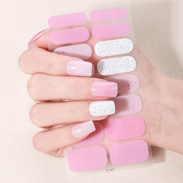 16 Stück Französische Vollabdeckungs-Nagelsticker Glitzer Pailletten Blumen Nagellackstreifen Funkelnd Selbstklebend Maniküre Dekoration white