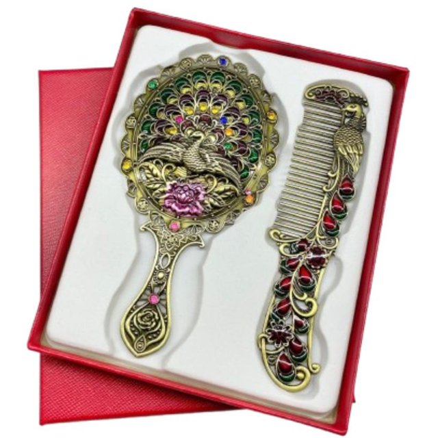 Tragbares Pfauen-Make-up-Spiegel-Kamm-Set Vintage Luxus Kosmetikspiegel Metallgriff mit Prägung Schminkspiegel Geburtstagsgeschenk
