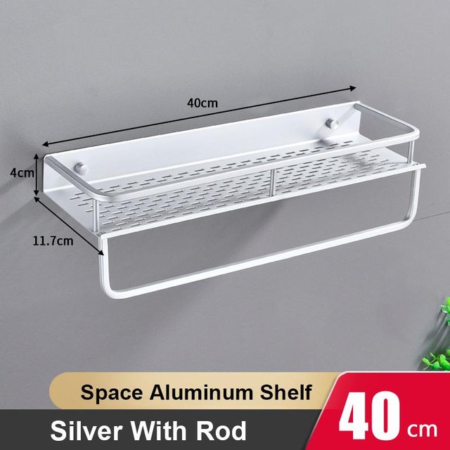 30/40/50/60cm Salle de bain Aluminium Argent Noir Étagère de Rangement Support Douche Bain Cuisine Toilettes Shampoo Carré Étagère Murale