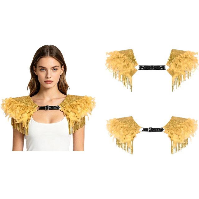 Unisexe S-3XL Boléro Harnais Gothique Épaulette à Sequins Franges Détails en Plumes pour Fête Médiévale Mascarade S or