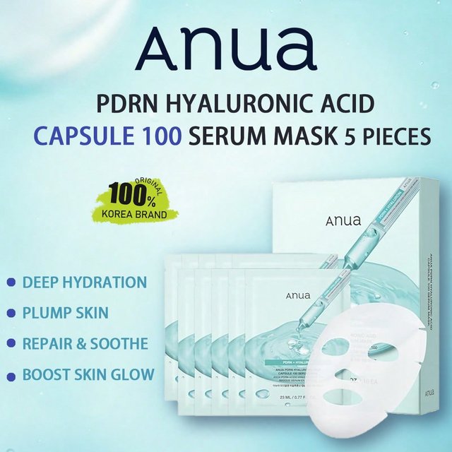 ANUA PDRN Hyaluronsäure Kapsel 100 Serum Maske 5 Stück, Tiefenfeuchtigkeit, Polstert trockene Haut auf, Steigert die Ausstrahlung, Koreanische Kosmetik, Koreanische Hautpflege 5ea