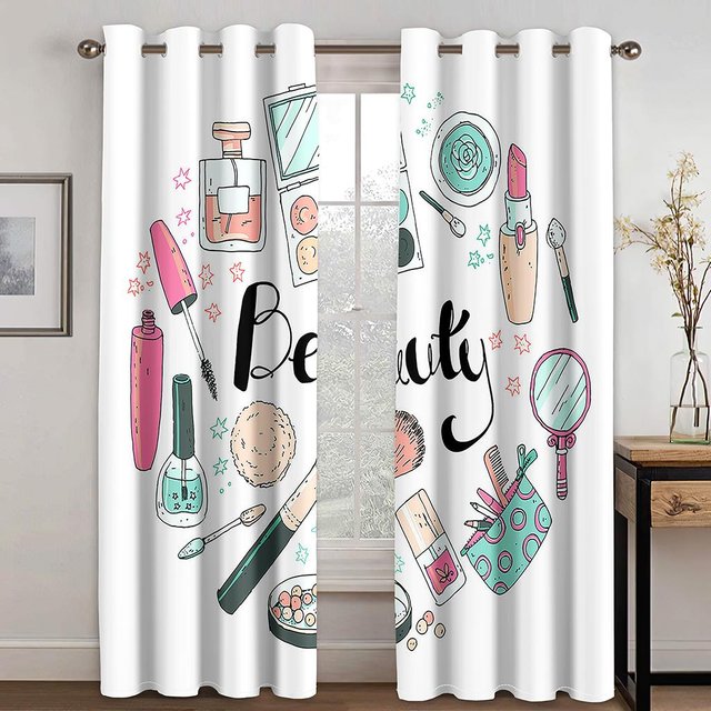 Make-up-Pinsel Lippenstift Nagellack High Heels Aufdruck Vorhang 2 Stück geeignet für Mädchen Schlafzimmer Fenster Vorhänge Ösenaufhängung (W50H130cm)-2pcs&Grommet Top white