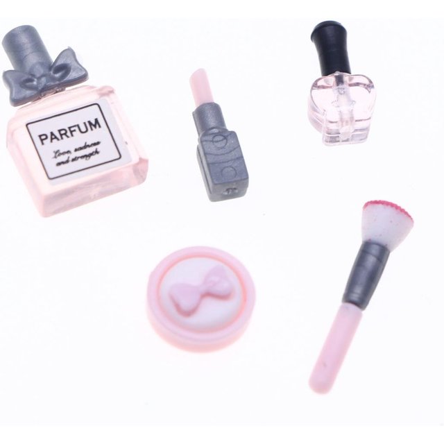 1Set 1:12 Puppenhaus Miniatur Kosmetik Lippenstift Puderparfüm Make-up-Pinsel Modell für Puppen Make-up Dekor Zubehör Spielzeug 1SET white