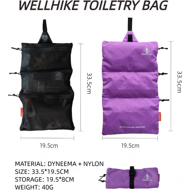 WELLHIKE Dyneema Roll-Up Tragbare Reise-Kulturbeutel Wasserdichte Aufbewahrungstasche Aufhängbar für Wandern und Kurztrips Hautpflege violett