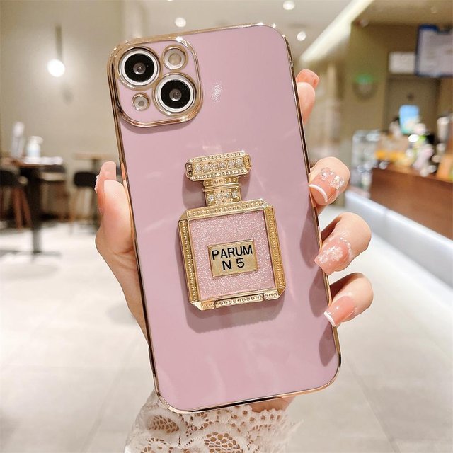 Étui de support de miroir de bouteille de parfum pour iphone 14 13 12 11 Pro Max XR X XS 7 8 Plus SE/Redmi 10 9 9A 9C 9T 10A Protection de caméra housse en silicone souple Xiaomi poco x5 pro violet