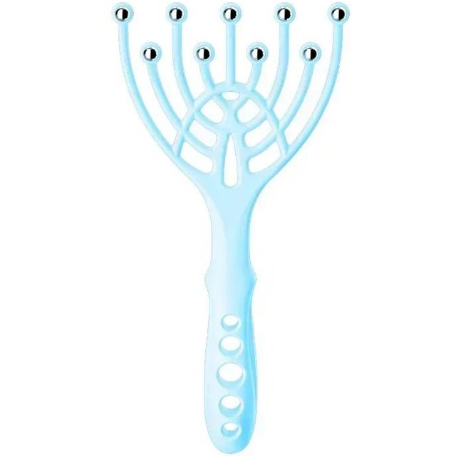 1 peigne de massage de la tête, du cuir chevelu et du cou, rouleau à cinq doigts, 9 griffes, boule en acier, tenue à la main, relaxation, spa, soins capillaires pour soulager le stress des cheveux bleu