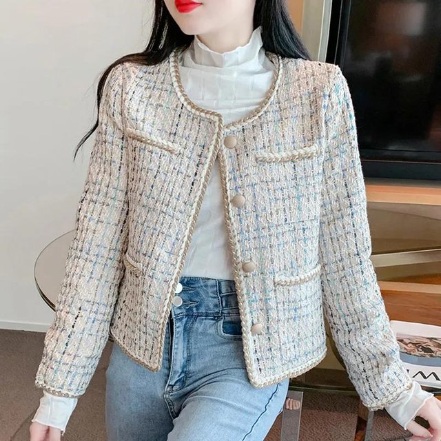 Veste parfumée de style français pour femme, petit haut court en tweed, style automne L bleu