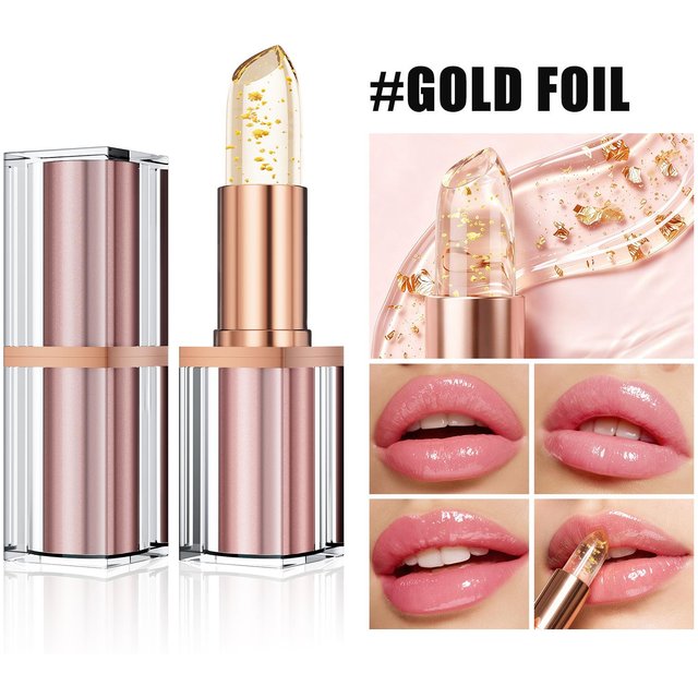 Farbwechselnder Goldfolien-Lippenstift, Feuchtigkeitsspendender Gelee-Lippenbalsam, Langanhaltender Feuchtigkeitsspendender Getönter Lippenstift für Natürliche Getönte Lippen, Glänzender Klarer Balsam beige