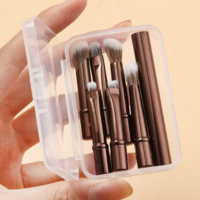 6 Stück/Set Mini Reise-Make-up-Pinsel-Set | Abnehmbare Aluminium-Hülsen, Tragbare Augen-Pinsel mit Aufbewahrungsetui für saubere Hygiene braun