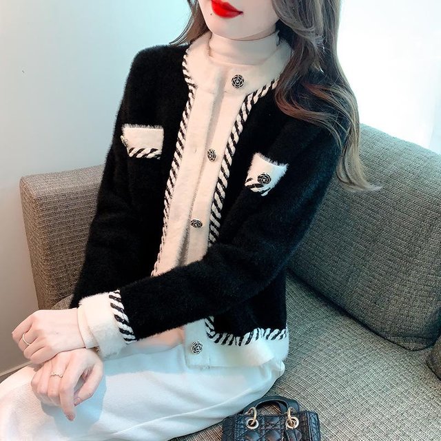 Giacca Cardigan Corta Stile Profumo a Contrasto da Donna Autunno Inverno Nuovo Stile Temperamento da Celebrità Capo Esterno XL black