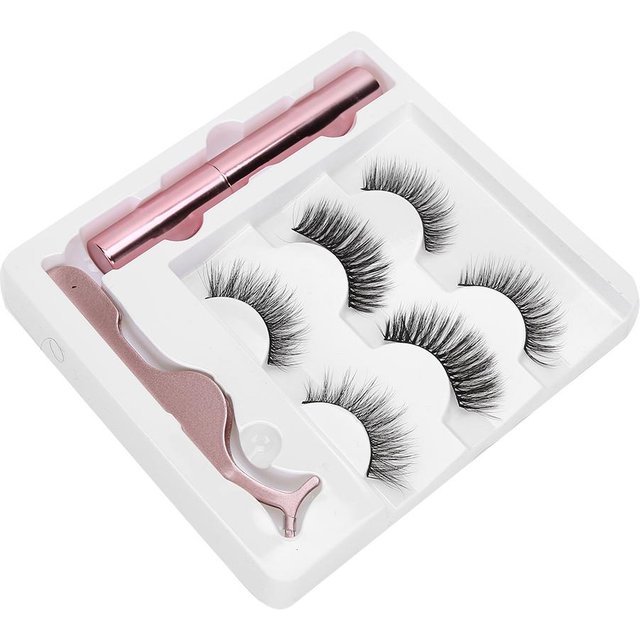 3 Paare Wasserdichte Wiederverwendbare Falsche Wimpern Magnetischer Flüssig-Eyeliner Pinzette SetM1 white