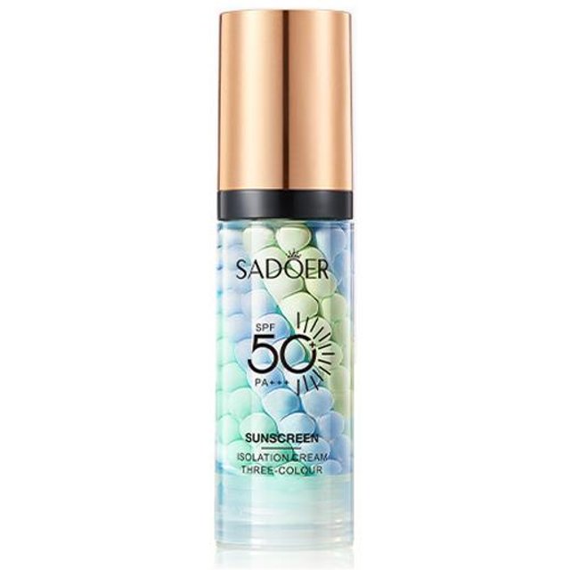 Dreifarbige Regenbogen-Isolationscreme, Gesichts-Make-up-Grundierung, langlebig, wasserfest, ölkontrollierend, zarte Feuchtigkeit, Aufhellung des Hauttons blau