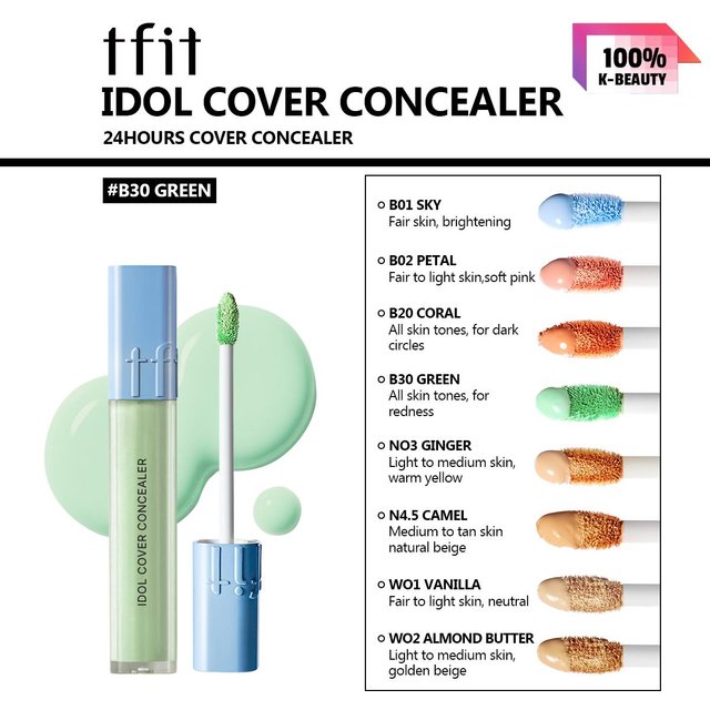TFIT IDOL COVER CONCEALER 6,5g B01/B02/B20/B30/N03/N4.5/W01/W02, Hohe Deckkraft, Cremige Textur, Natürliches Finish, Koreanische Kosmetik, Koreanisches Make-up B30 GREEN