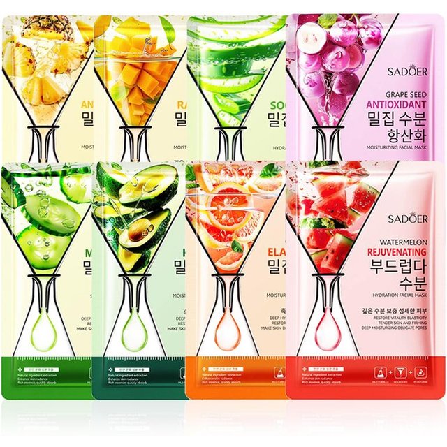 8 Stück SADOER Früchte Gesichtsmasken für Feuchtigkeitspflege, Aufhellung, Straffung, Hydratation, Koreanische Hautpflege Kosmetik
