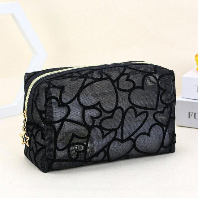 1 Stück Make-up-Tasche für Damen, Netz-Herz-Flock-Dekor, Modisches & Minimalistisches Netz-Herz-Design für den täglichen Gebrauch & Reise, Make-up-Reise-Kulturbeutel-Organizer schwarz