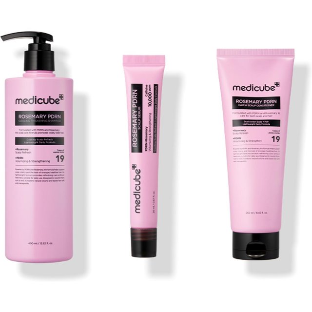 Medicube Rosmarin PDRN Vollkopfhautpflege-Set – Anti-Haarausfall-Shampoo 400ml + Kopfhaut-Ampulle 20ml + Haar- und Kopfhaut-Conditioner 250ml pink