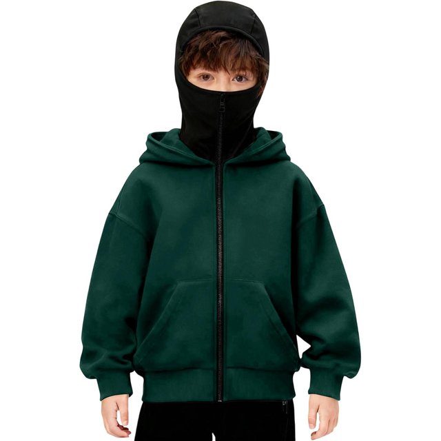 Sweat à capuche pour garçon Hiver Avec Masque Facial Fermeture Éclair Coupe-vent Chaud Veste de Sport Avec Poches Manteaux à Capuche Décontractés 120 black