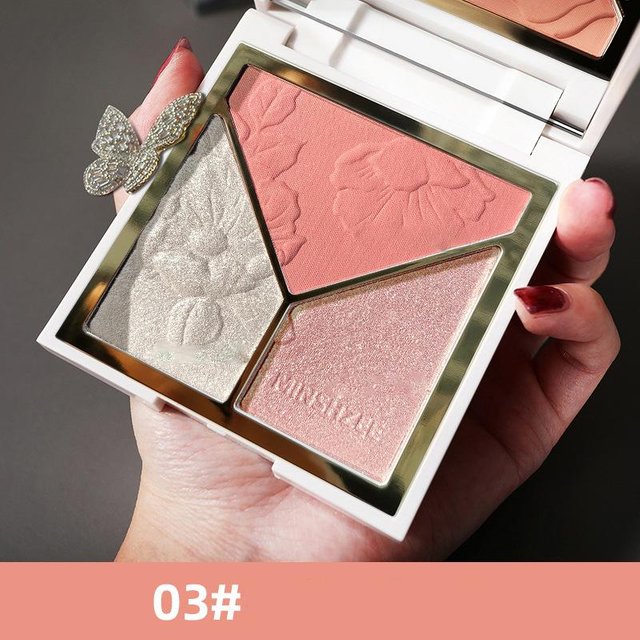 Palette de poudre de surligneur 3 en 1, poudre scintillante à haute brillance pour le visage, disque de réparation, poudre Flash, ombre de nez mate, Blush 03 pink