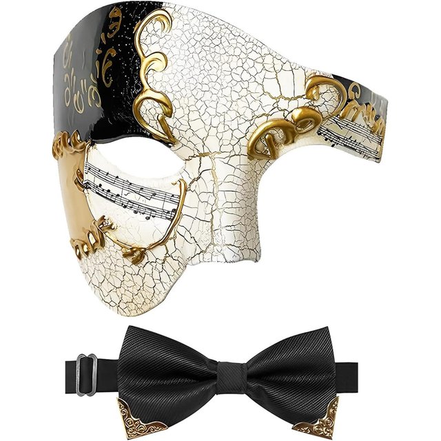 Masque de Mascarade pour Hommes Masque de l'Opéra de Paris avec Cravate, Masques Vénitiens Demi-Visage pour Fêtes d'Halloween beige