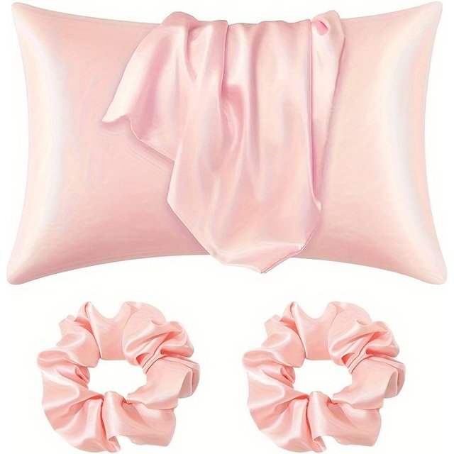 4-teiliges Haarpflegeset: 2 seidige Kissenbezüge & 2 Haargummis aus Polyester 50x66cm beige