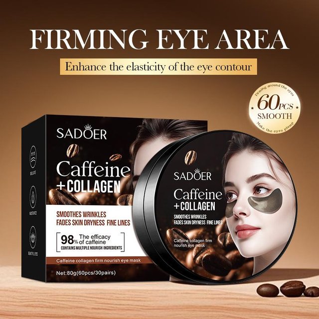 60 Stück SADOER Koffein Kristall Kollagen Augenmaske Anti Augenringe Anti-Aging Anti Falten Feuchtigkeitsspendende Augenpads Hautpflege