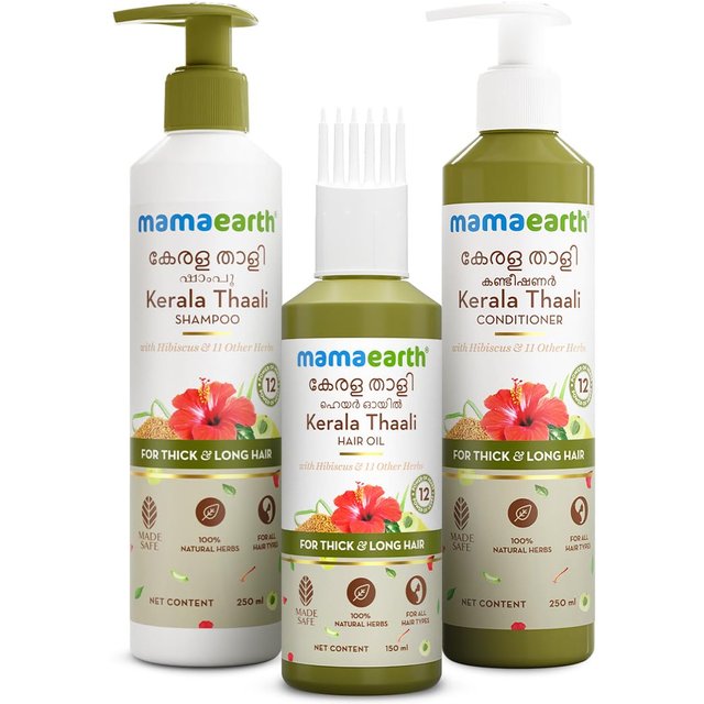 Mamaearth Kerala Thaali Haarpflegeset mit 12 Kräutern – 150ml Öl + 250ml Shampoo + 250ml Spülung für langes, starkes, dickes Haar white