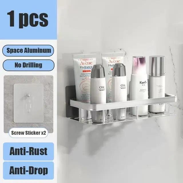 Badezimmerregal ohne Bohren, Wandmontage, Shampooflasche, Dusch-Eckregal, Toiletten-Aufbewahrungsregal, Aluminium, Badezimmer-/Küchenzubehör white