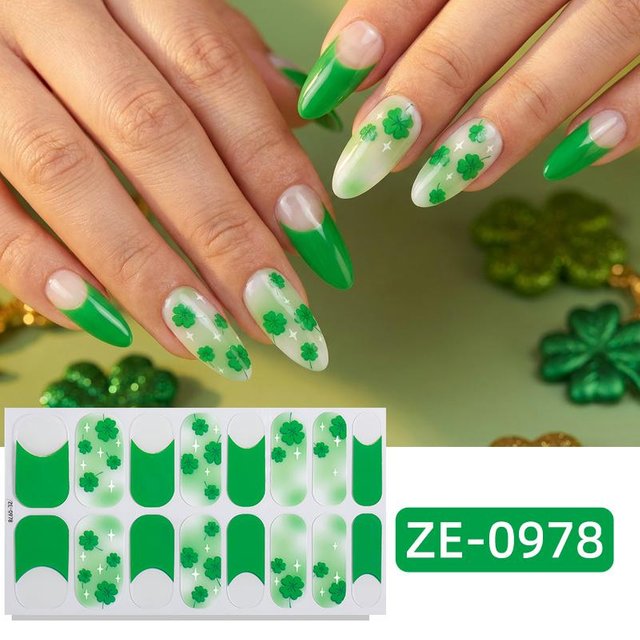 16 Spitzen St. St. Patrick's Day Vollabdeckende Nagellackstreifen Grünes Kleeblatt Klebende Nagelaufkleber Maniküre Dekoration Nagelaufkleber