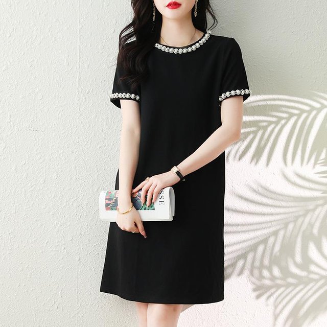 Petite Robe Noire Robe Style A-line Parfum d'Été Nouvelle Élégante Col Rond Ample Fait Main Perles Fleurs Petite Robe Noire XL noir
