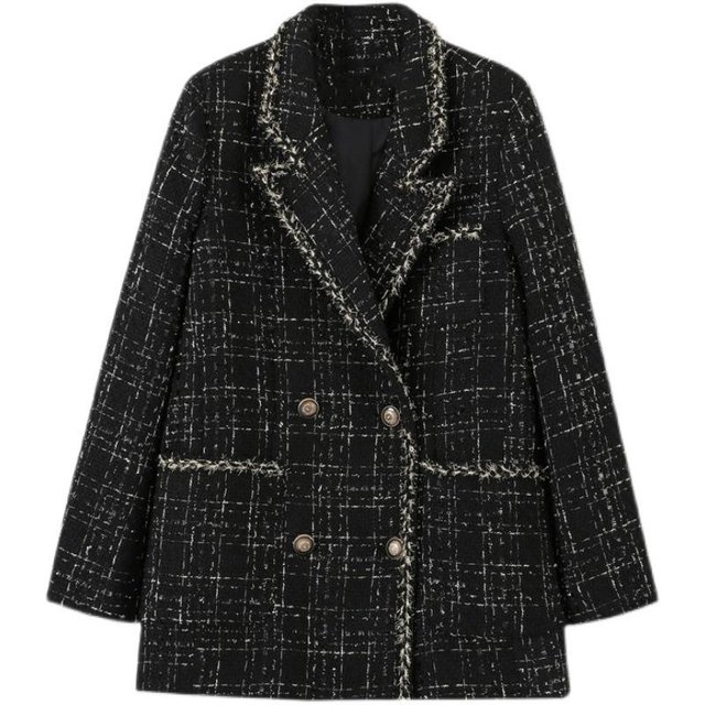 Automne et Hiver Nouveau Veste Lâche à Carreaux en Laine pour Femmes Petit Tweed Parfumé Célébrité Épissage Petit Costume S black