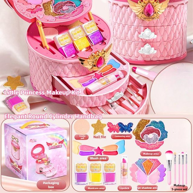 Mädchen Schminkset Dreischichtig Kosmetische Spielzeugkiste Kinder Spielzeug Schminkpinsel Lippenstift Rouge Lidschatten Nagellack Prinzessin Schönheitsspielzeug pink