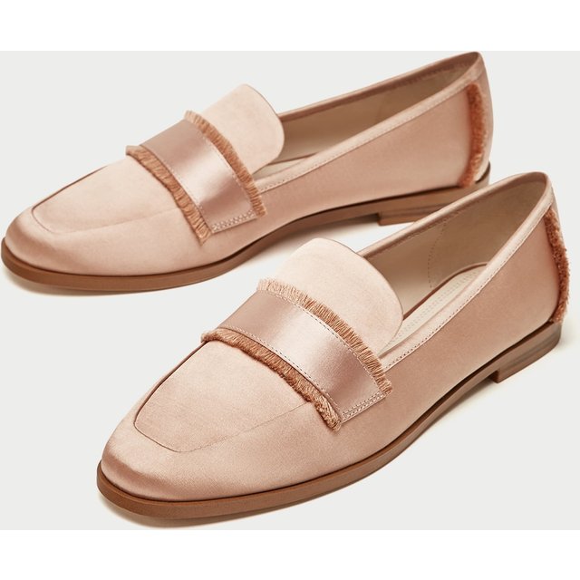 Blush Satin Loafers for women Cute Round Toe Flats with Fringe