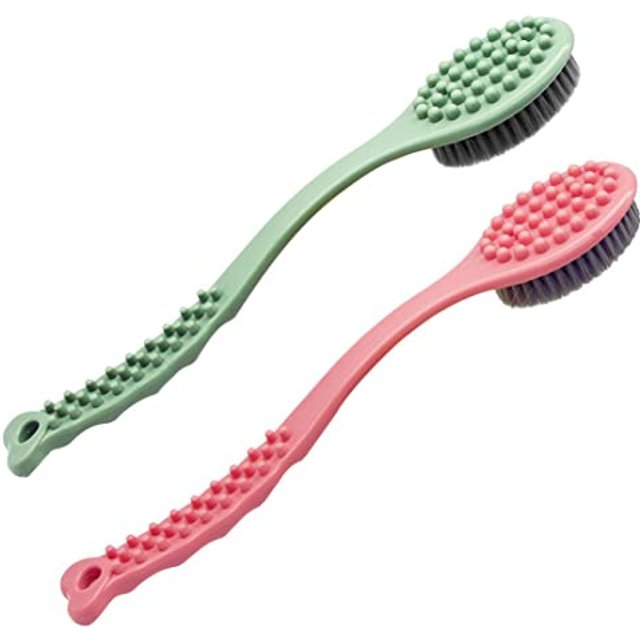 QiCheng&LYS Long Handle Bath Brush,Back Cleaning Brush,Long Wooden Handle Cleans the Body Easily-14in (Green and Pink)
