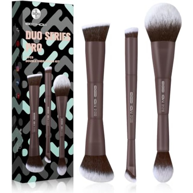 EIGSHOW 3PCS Double Ended Makeup Brushes Professional Set, Vegan (Brown)