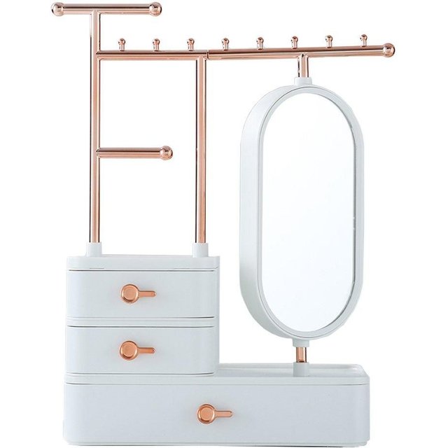 H&O Direct Chic Makeup Storage Box Jewelry Display Stand with Rotating Mirror & Hanging Rod in White