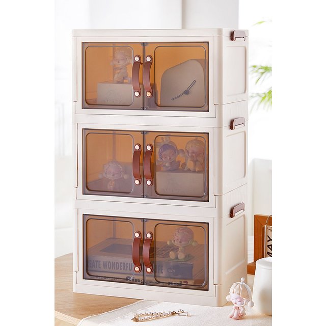 Living and Home 3 Tier Double-Door Desk Organizer Storage Box Multifunctional Cosmetic Storage Cabinet in Brown