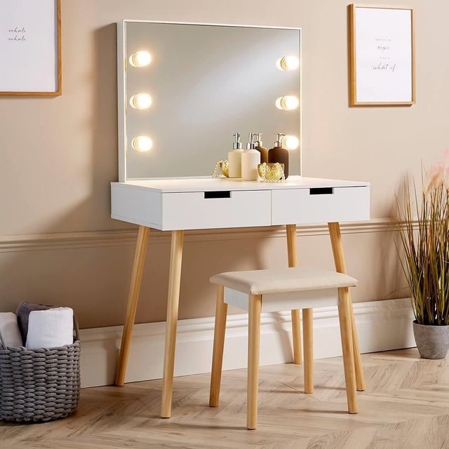 Home Source Dressing Table 2 Drawer Vanity Set Mirror Makeup Desk Padded Stool in White