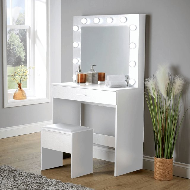 Home Source Dressing Table with Stool LED Lights Mirror Makeup Vanity Desk Set in White