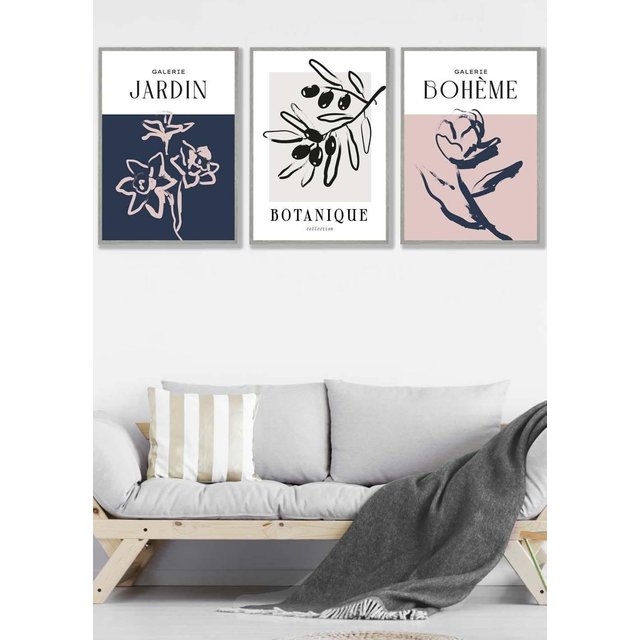 ARTZE Set of 3 Light Grey Framed Minimalist Sketch Leaves Flowers Blush Pink Navy Blue & Grey Wall Art | Size: W53 cm x H73 cm x D20mm