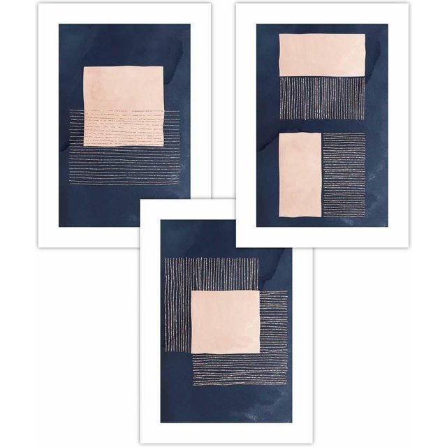 ARTZE Set of 3 Navy Blue & Blush Pink Abstract Geometric Art Posters | Size: W30 cm x H42 cm