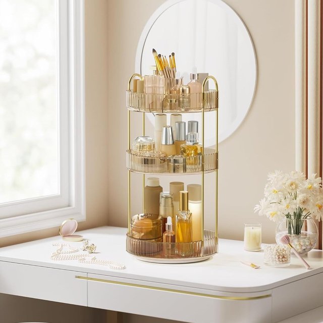 SONGMICS Rotating Makeup Organiser 3 Tier Customisable Skincare Holder in Gold