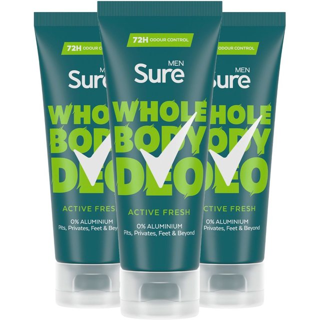 Sure Men's Whole Body 'Deodorant Cream' Active Fresh w/ 72H Odour free 75ml, 3pk in White