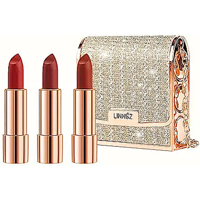 3 x Matte Lipstick with Spring Loaded Glitter Lipstick Tube Case and Gold Chain
