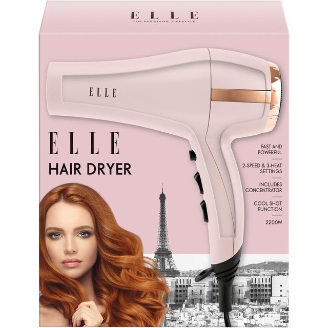 ELLE Pink Hair Dryer with 2 Speeds, 3 Heat Settings - Full Size 2200W