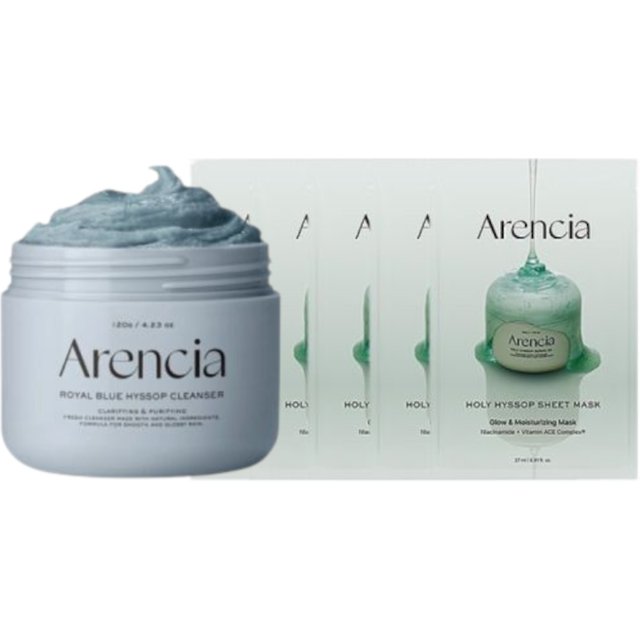 Arencia - Fresh Royal Blue Rice Mochi Cleanser - 120g & Holy Hyssop Sheet Mask - 5pcs Set