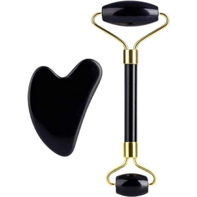 MissLady - Face Roller with Scraping Board Gua Sha Massage Set - 2pc/set - Black