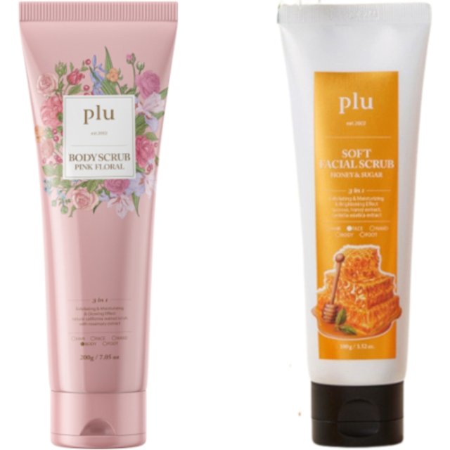 plu - Body Scrub Pink Floral - 200g (1ea) & Soft Facial Scrub Honey & Sugar - 100g (1ea) Set