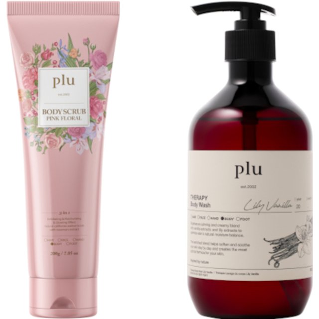 plu - Body Scrub Pink Floral - 200g (1ea) & Therapy Body Wash - 500g - Lily Vanilla (1ea) Set